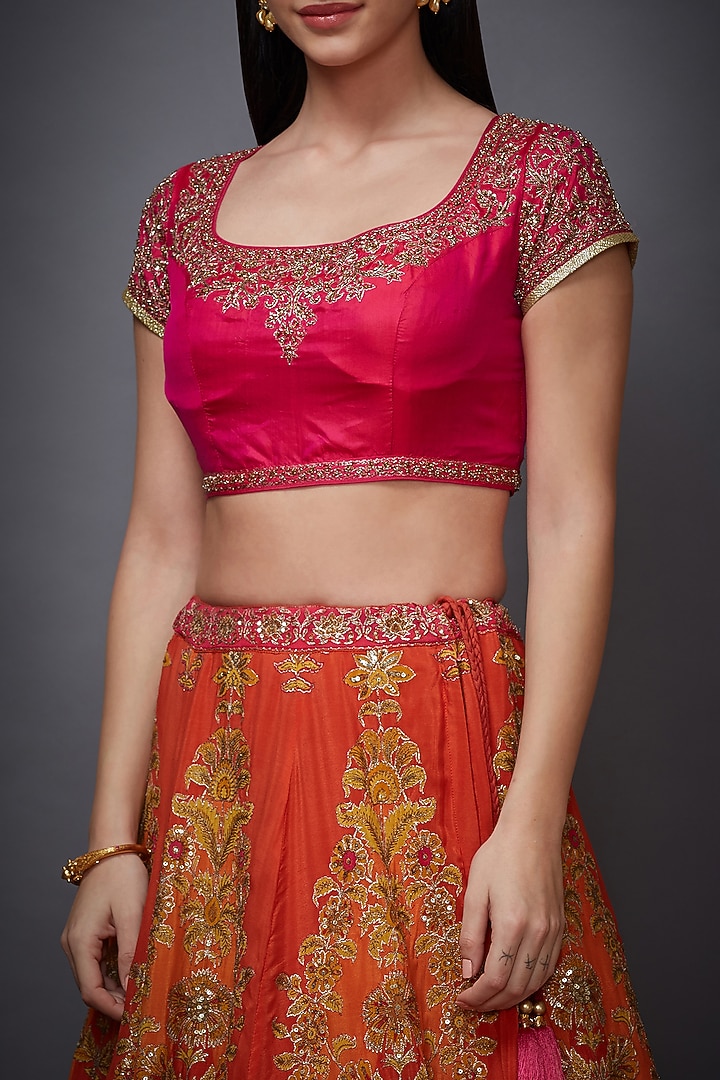Fuchsia & Orange Silk Chinon Zardosi Hand Embroidered Ombre Bridal Lehenga Set by Ri Ritu Kumar at Pernia's Pop Up Shop