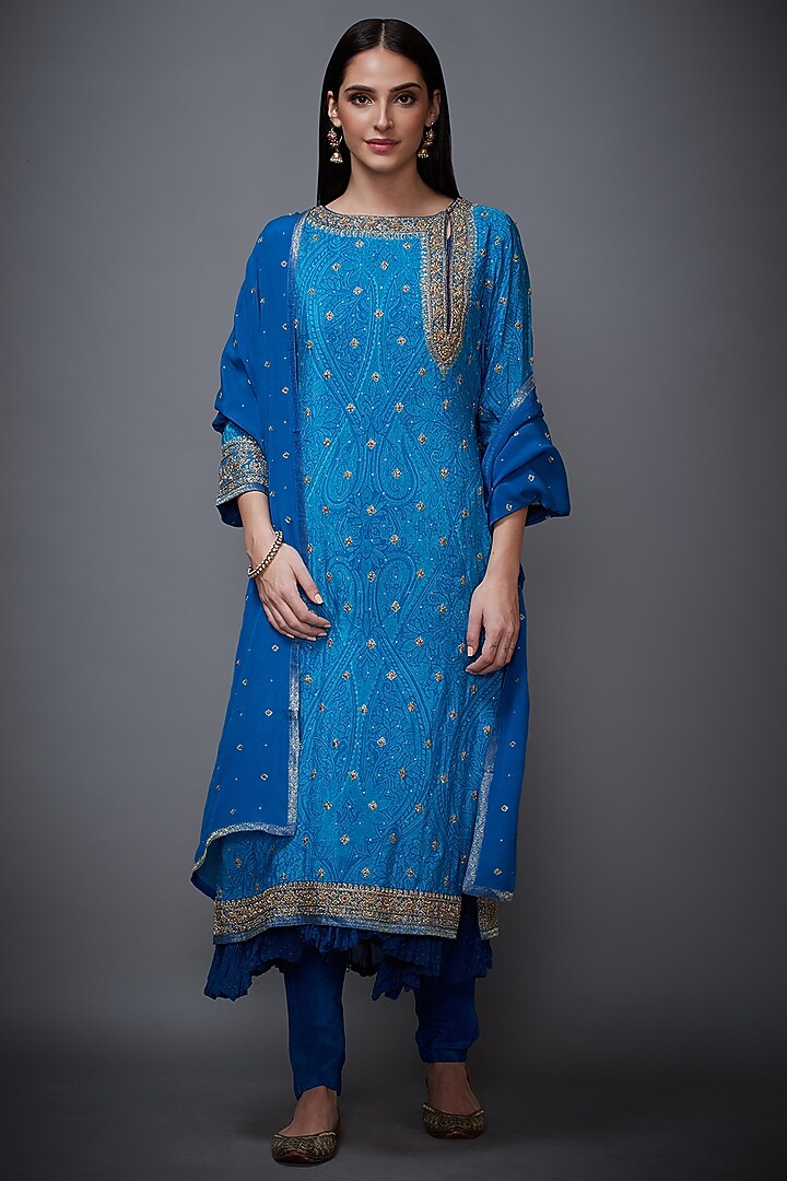 Royal Blue Embroidered Layered Kurta Set by Ri Ritu Kumar at Pernia's Pop Up Shop