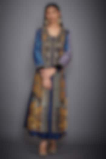 Blue Embroidered Dress With Ochre Jacket by Ri Ritu Kumar at Pernia's Pop Up Shop