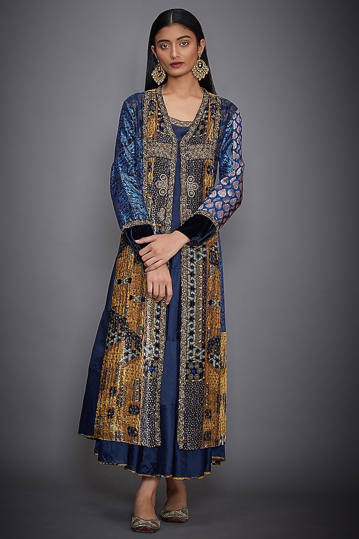 Blue Embroidered Dress With Ochre Jacket by Ri Ritu Kumar at Pernia's Pop Up Shop