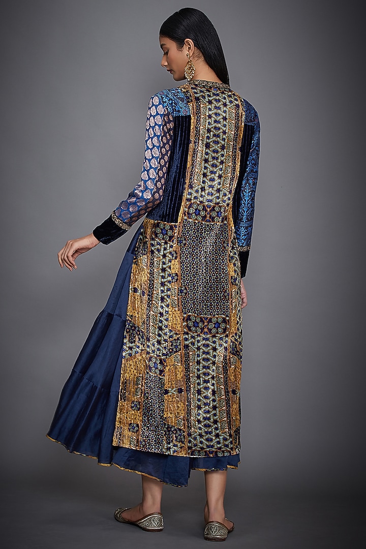 Blue Embroidered Dress With Ochre Jacket by Ri Ritu Kumar at Pernia's Pop Up Shop