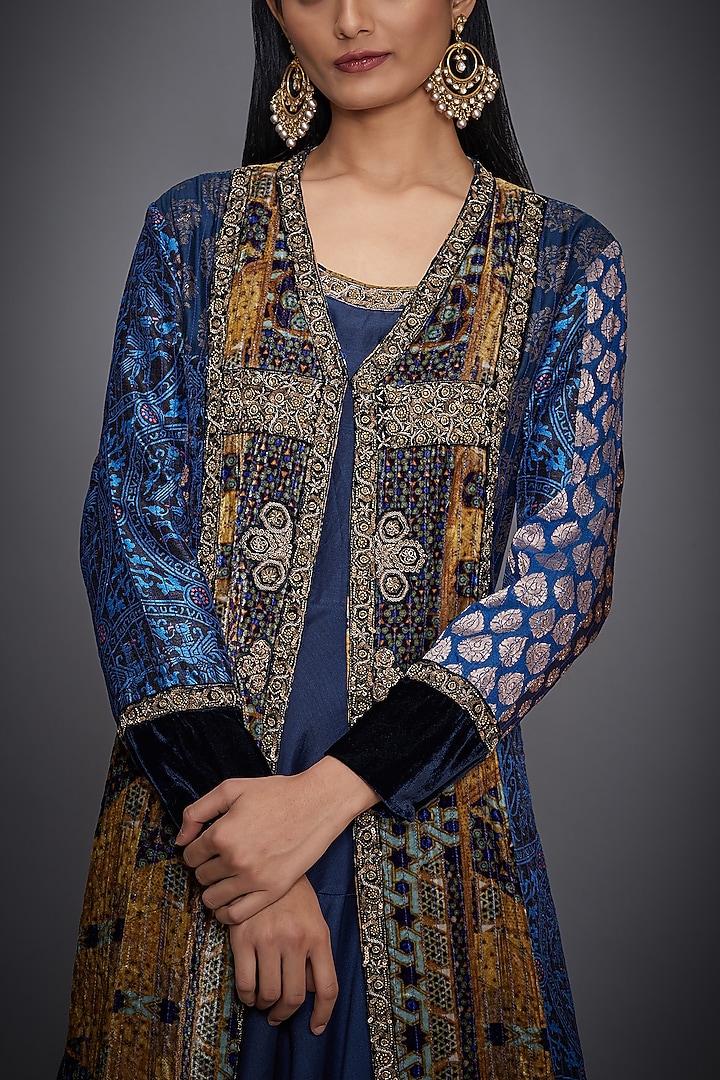 Blue Embroidered Dress With Ochre Jacket by Ri Ritu Kumar at Pernia's Pop Up Shop