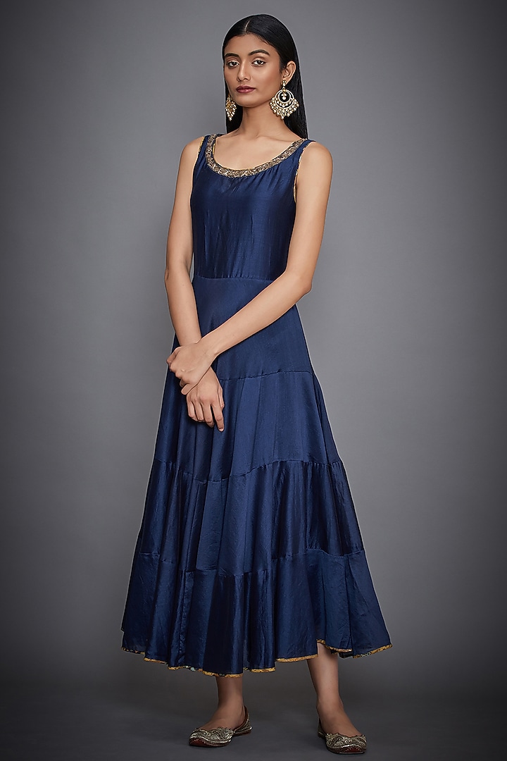 Blue Embroidered Dress With Ochre Jacket by Ri Ritu Kumar at Pernia's Pop Up Shop