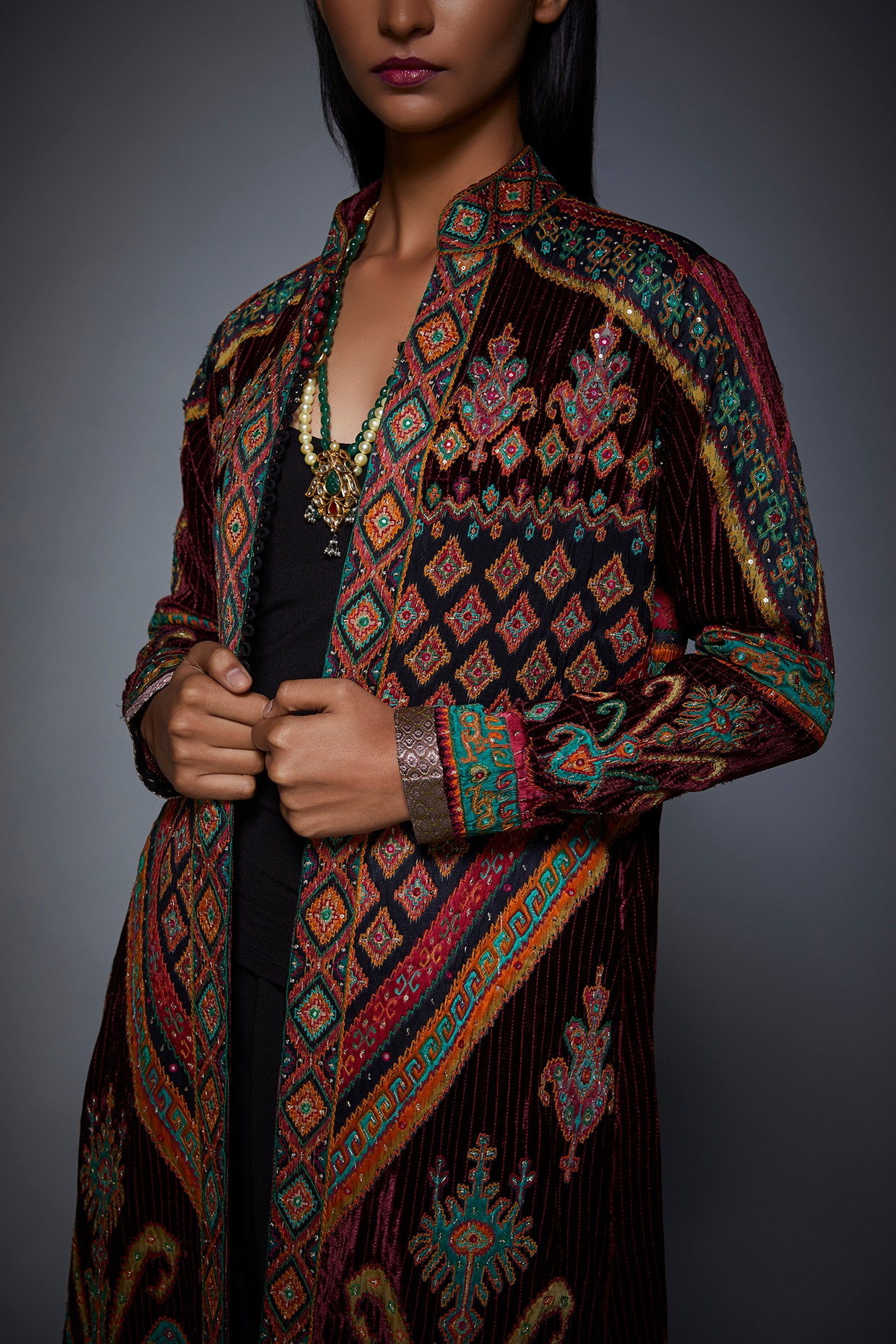 Burgundy Velvet Embroidered Coat Design 