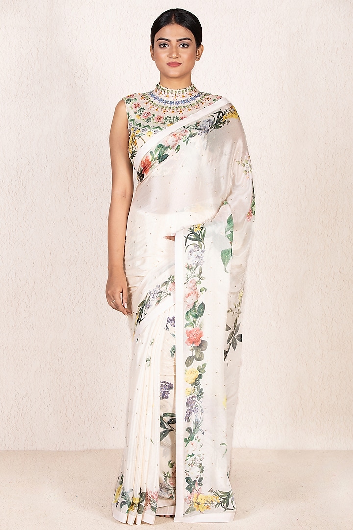 Off White Floral Embroidered Saree Set by Ri Ritu Kumar
