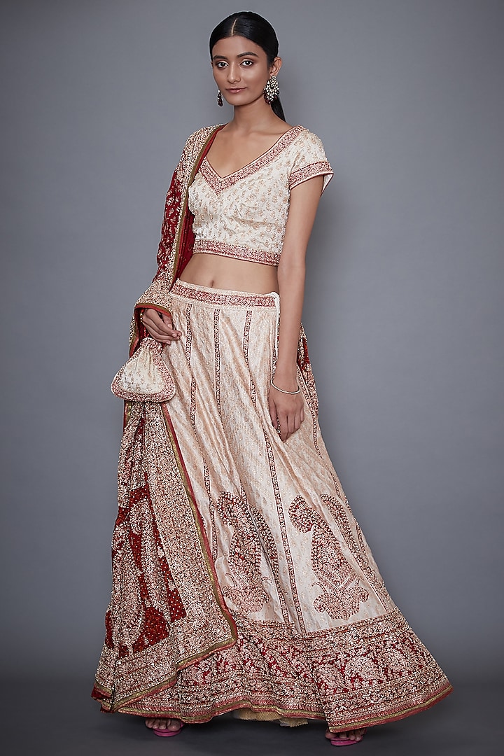 Off White & Red Embroidered Bridal Lehenga Set by Ri Ritu Kumar at Pernia's Pop Up Shop