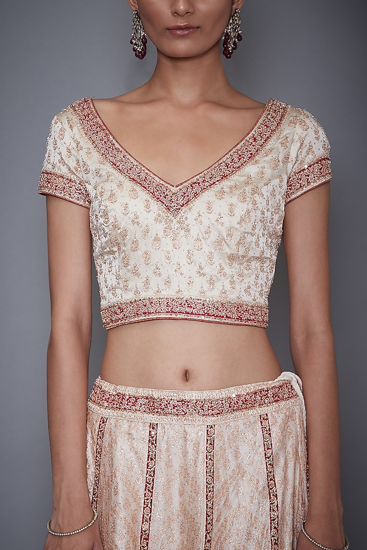Off White & Red Embroidered Bridal Lehenga Set by Ri Ritu Kumar at Pernia's Pop Up Shop