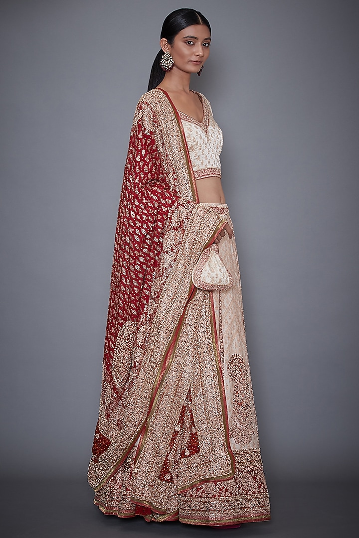 Off White & Red Embroidered Bridal Lehenga Set by Ri Ritu Kumar at Pernia's Pop Up Shop