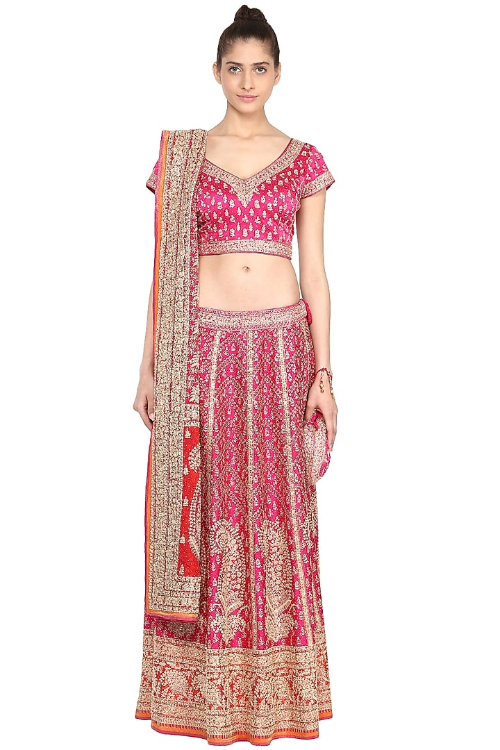 Fuchsia & Orange Embroidered Bridal Lehenga Set by Ri Ritu Kumar at Pernia's Pop Up Shop