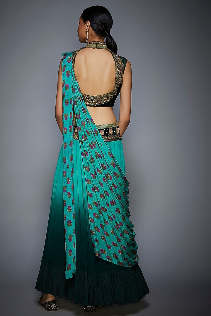 Bottle Green Floral Embroidered Wedding Saree Set by Ri Ritu Kumar at Pernia's Pop Up Shop