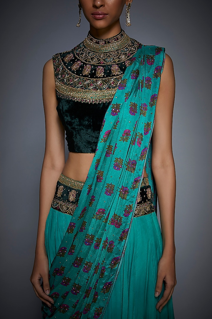 Bottle Green Floral Embroidered Wedding Saree Set by Ri Ritu Kumar at Pernia's Pop Up Shop