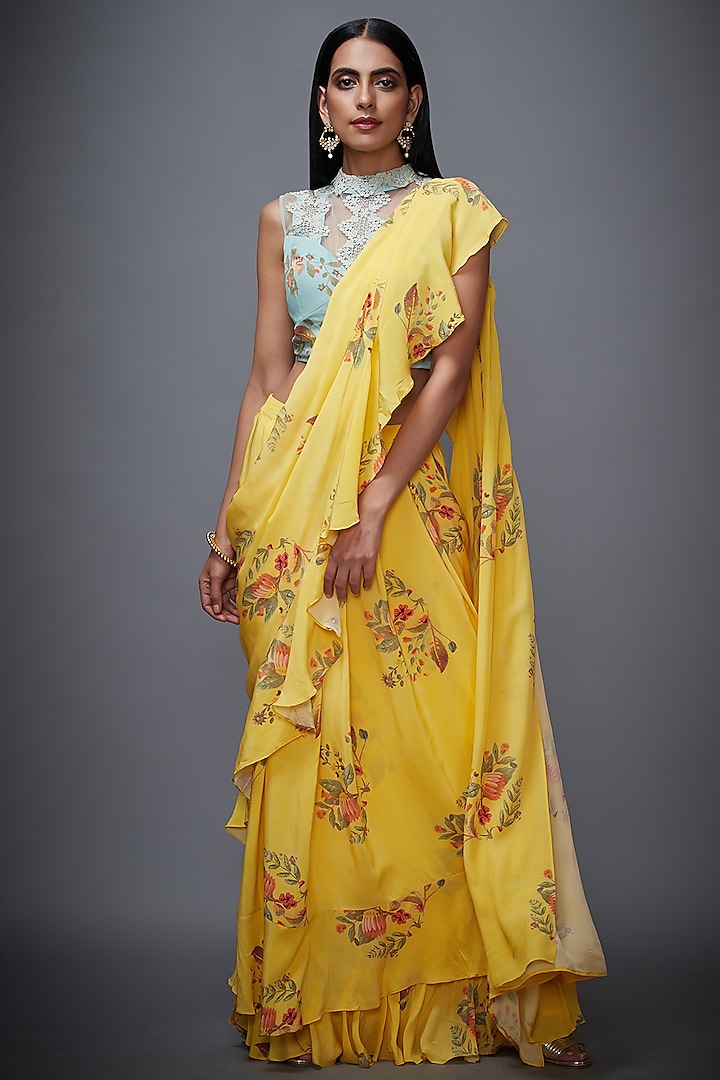 Yellow Embroidered Ruffled Saree Set by Ri Ritu Kumar