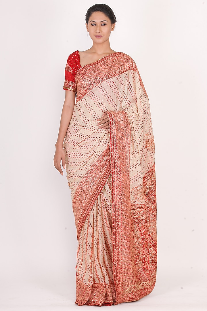 Beige & Red Embroidered Saree Set by Ri Ritu Kumar