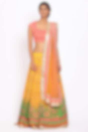 Yellow & Coral Embroidered Lehenga Set by Ri Ritu Kumar