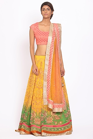 Yellow & Coral Embroidered Lehenga Set by Ri Ritu Kumar