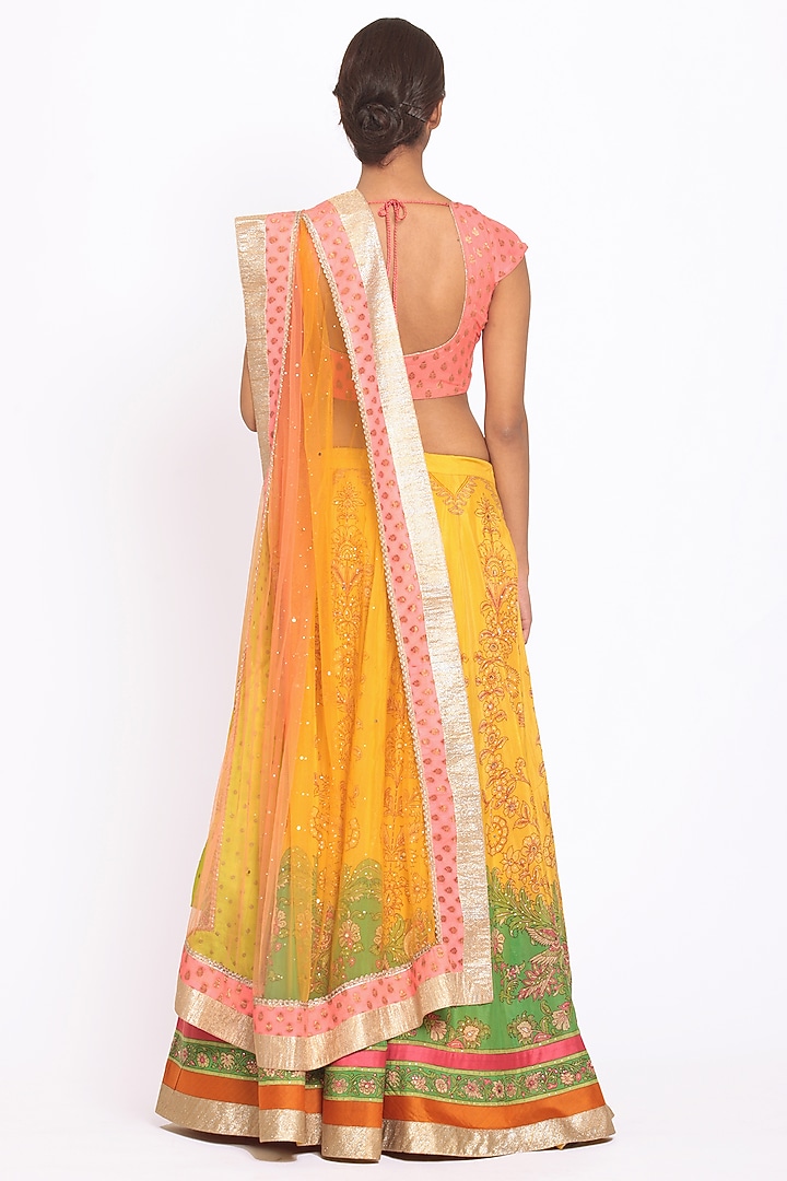 Yellow & Coral Embroidered Wedding Lehenga Set by Ri Ritu Kumar at Pernia's Pop Up Shop
