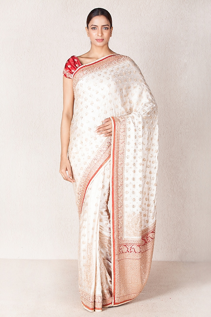 Off White & Red Hand Embroidered Saree Set by Ri Ritu Kumar