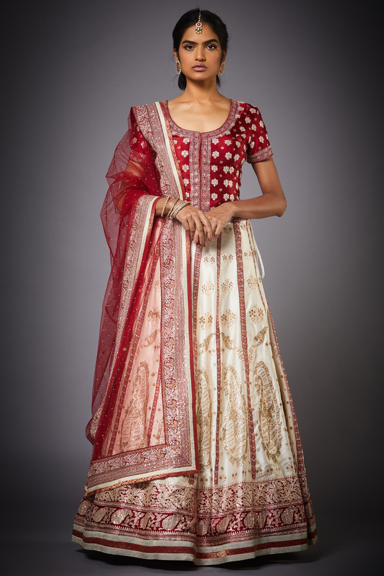 Off-White & Red Paisley Printed  dulhan bday 22 may Lehenga Set by Ri Ritu Kumar at Pernia's Pop Up Shop