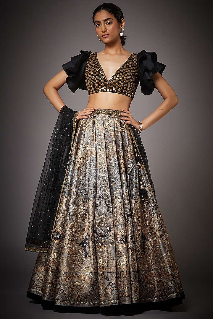 Black & Beige Jamawar Printed Lehenga Set by Ri Ritu Kumar