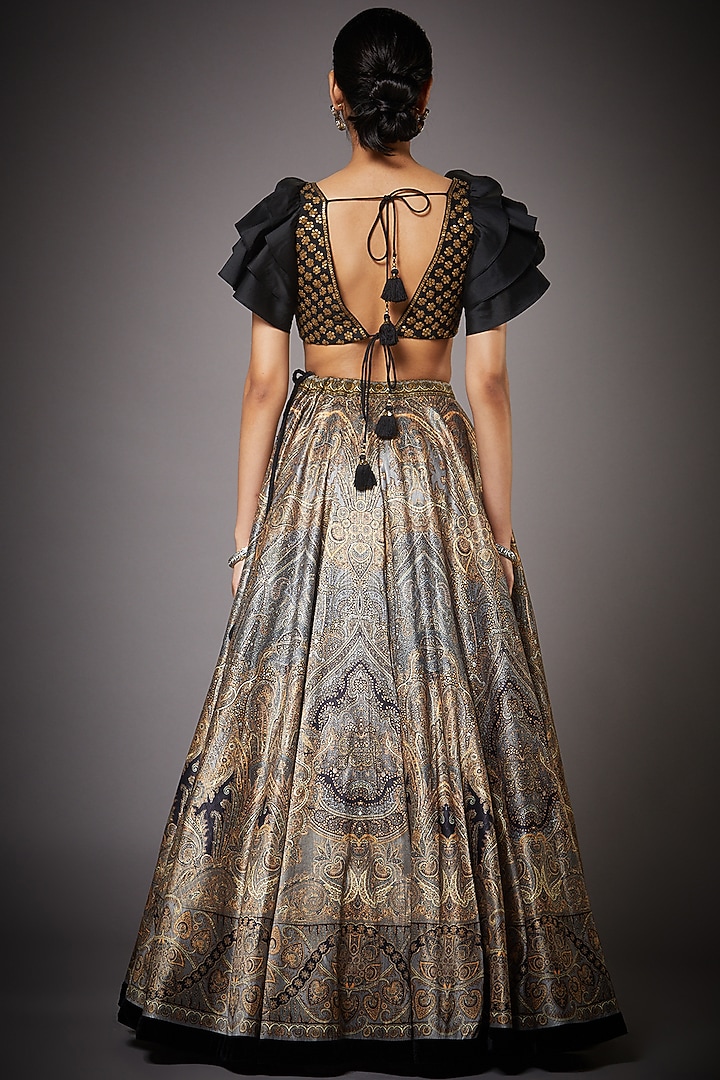 Black & Beige Jamawar Printed Wedding Lehenga Set by Ri Ritu Kumar at Pernia's Pop Up Shop