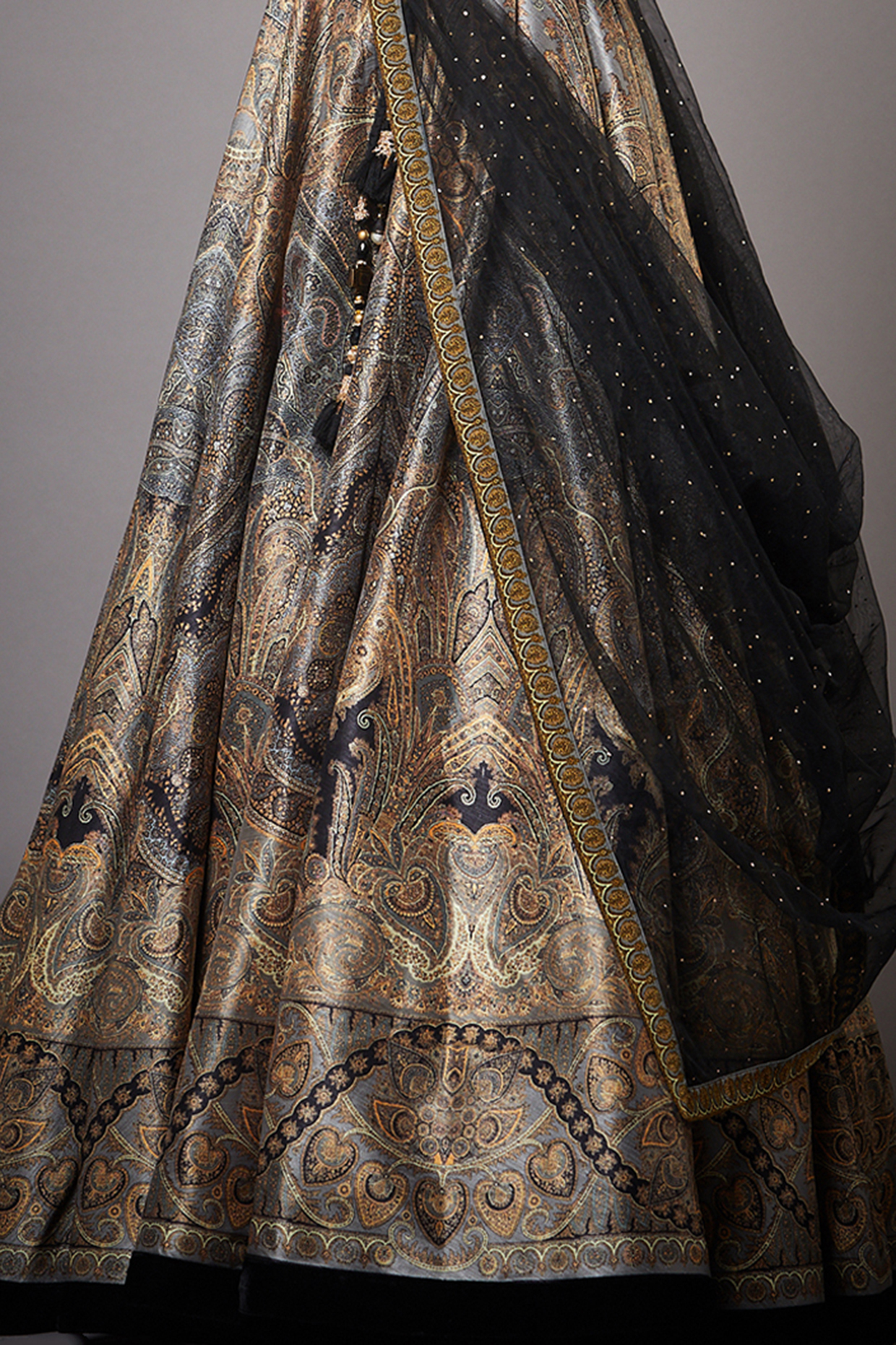 Black Beige Jamawar Printed Lehenga Set Design by Ri Ritu Kumar