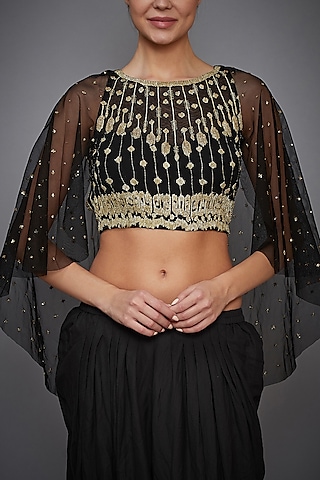 Black Hand Embroidered Cape Blouse by Ri Ritu Kumar