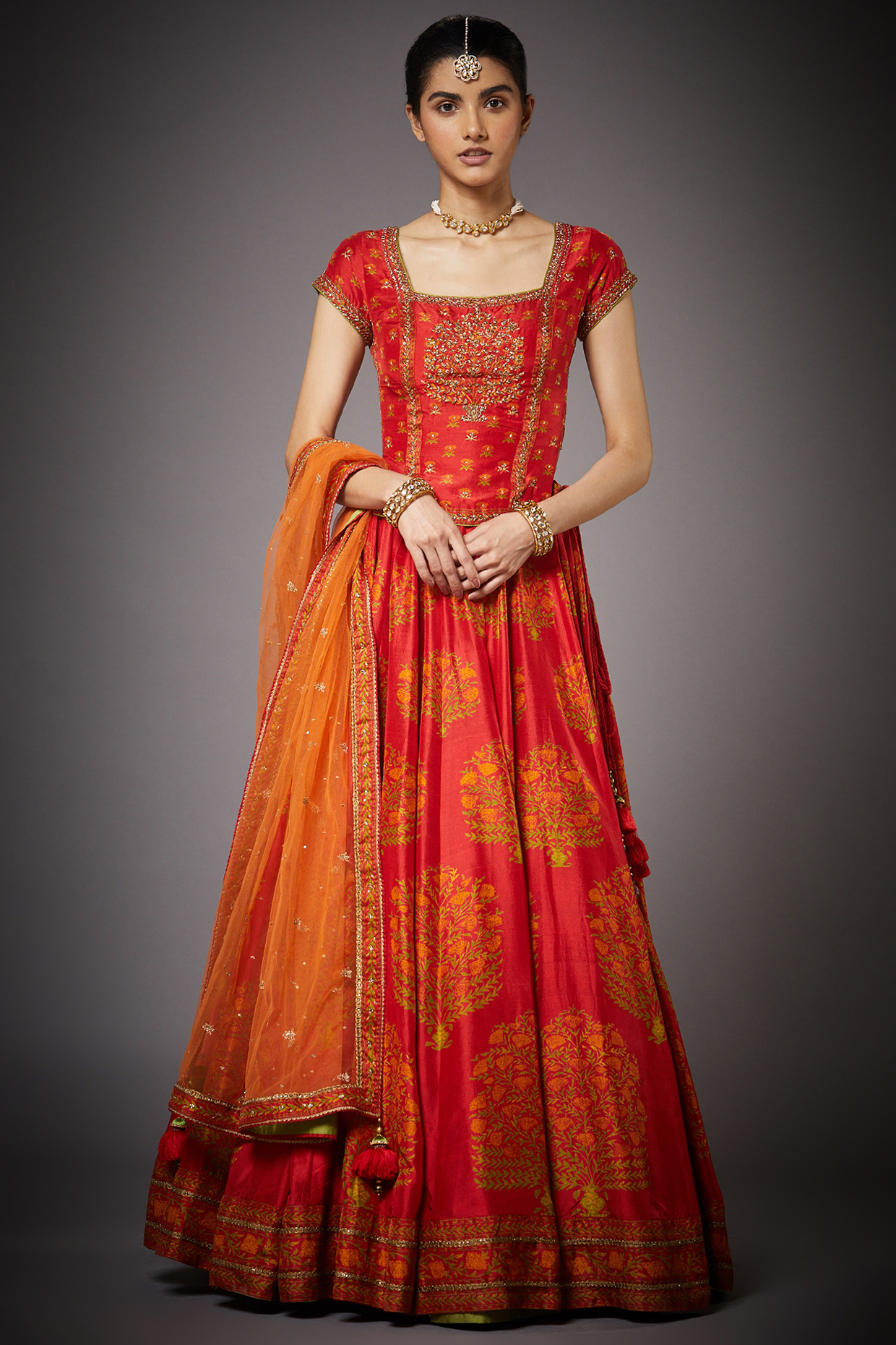 Saffron & Orange Tropical Printed Lehenga Set by Ri Ritu Kumar