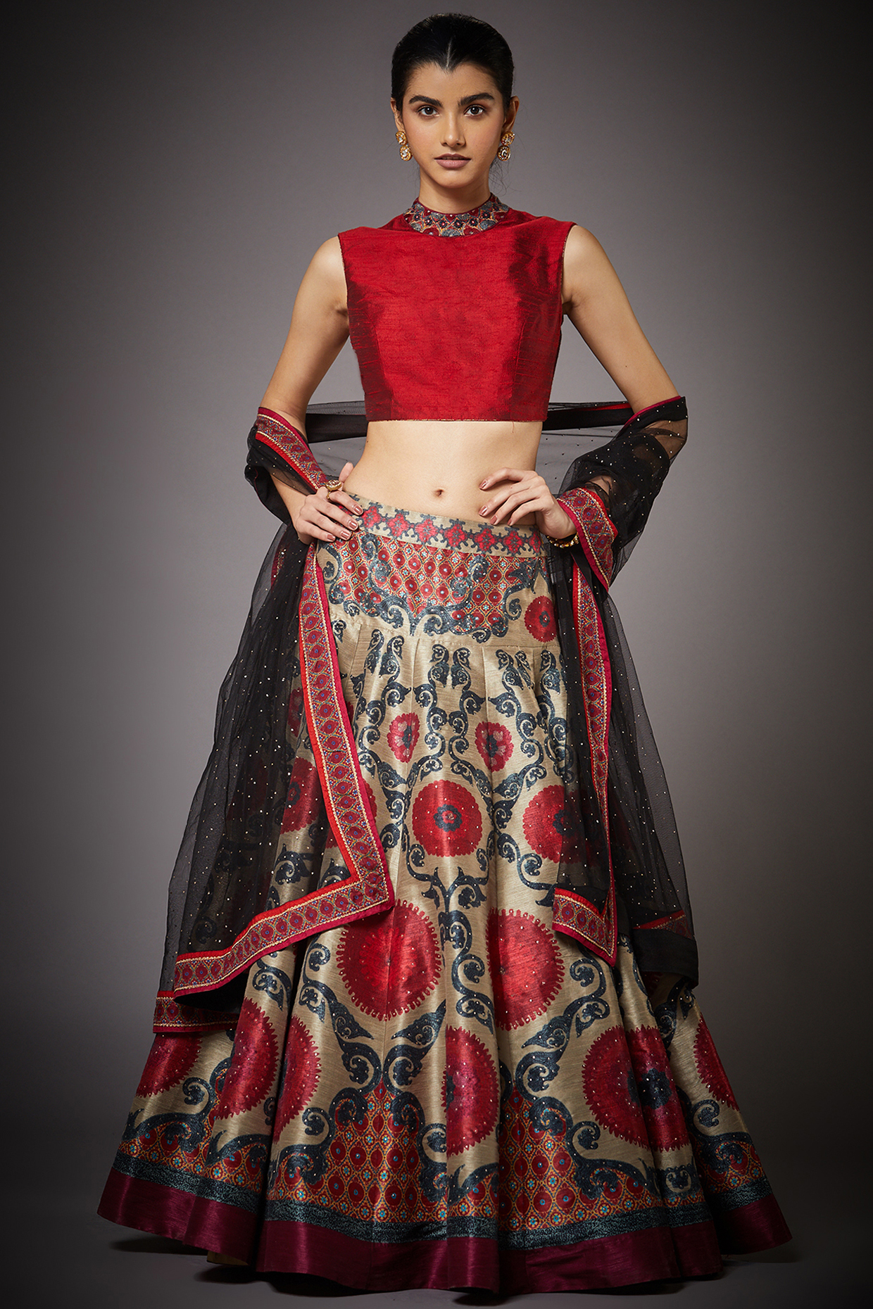 Beige & Burgundy Persian Printed Lehenga Set by Ri Ritu Kumar