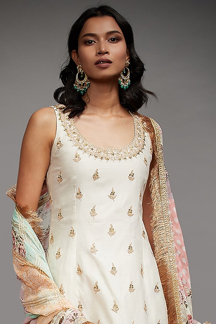 Ecru Beige Tropical Printed Gharara Set by Ri Ritu Kumar at Pernia's Pop Up Shop