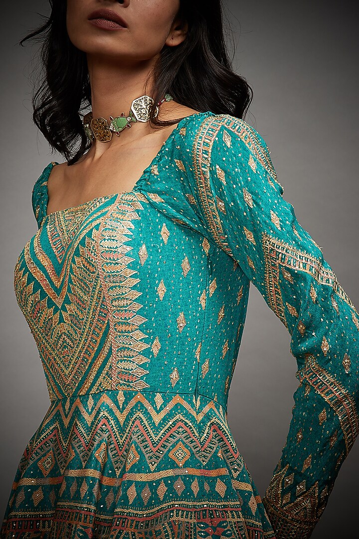 Marine Green Geometric Printed Cocktail Dress by Ri Ritu Kumar at Pernia's Pop Up Shop