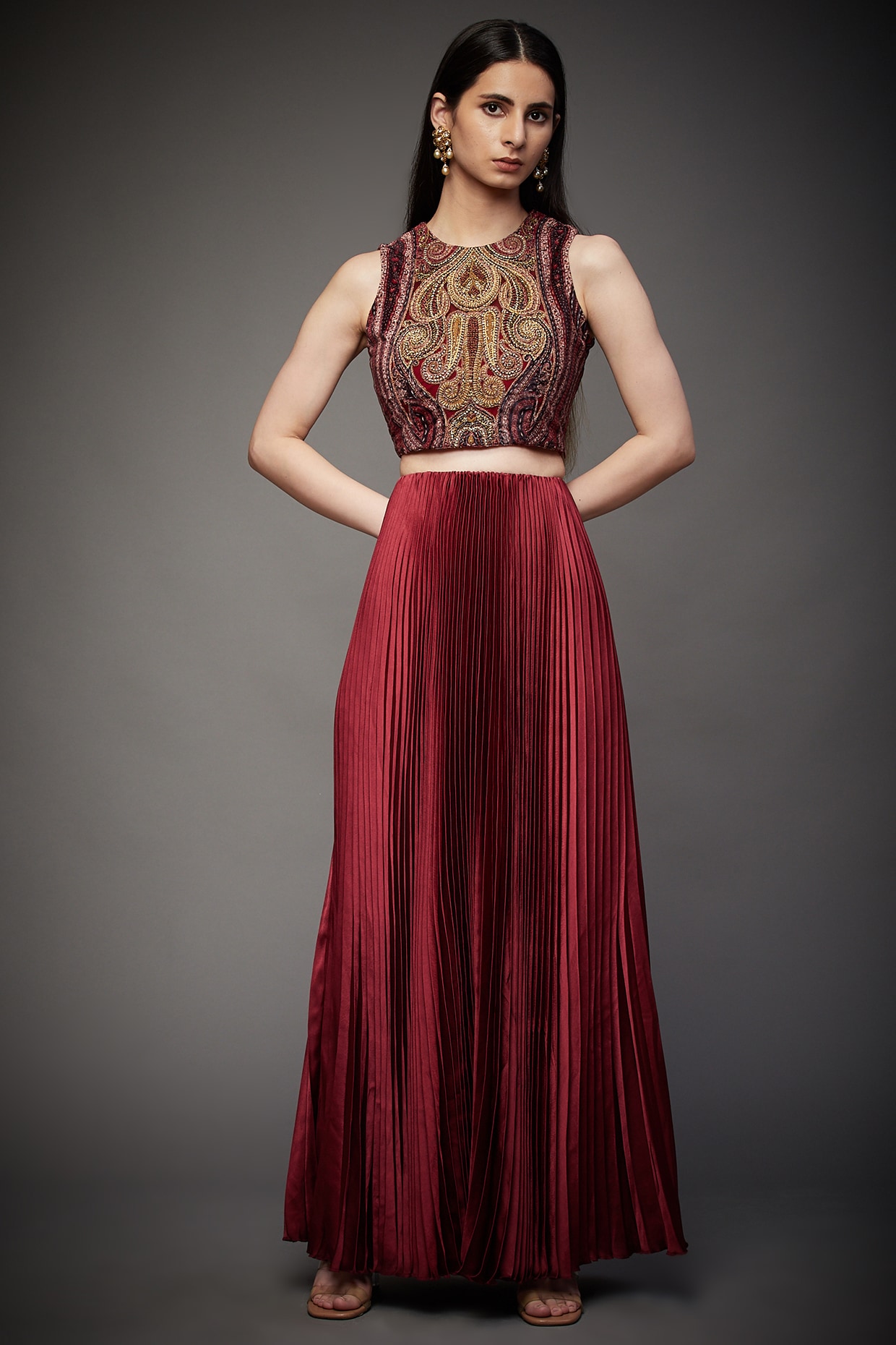 Burgundy Printed Hand Embroidered Skirt Set Design by Ri Ritu