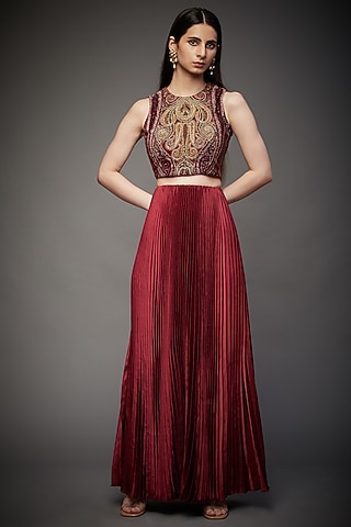 Burgundy Printed & Hand Embroidered Skirt Set by Ri Ritu Kumar