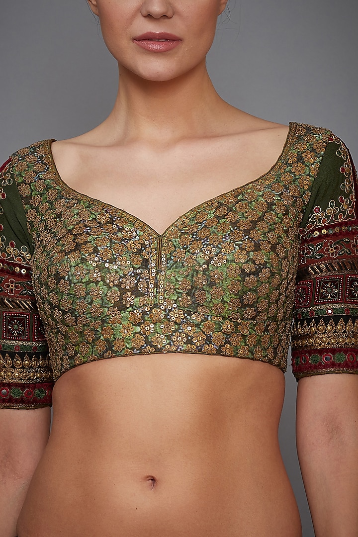 Khaki Green Embroidered Blouse by Ri Ritu Kumar