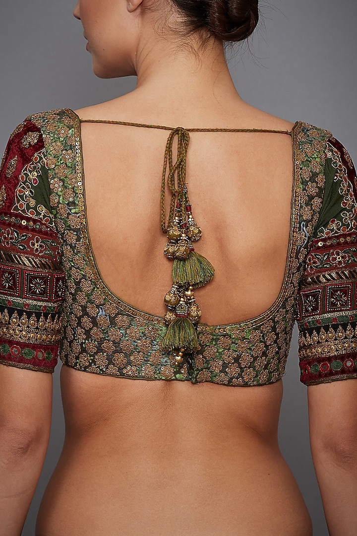 Khaki Green Embroidered Blouse by Ri Ritu Kumar at Pernia's Pop Up Shop