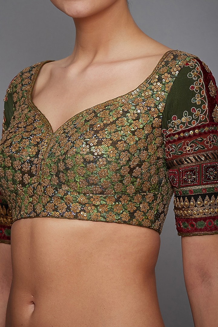 Khaki Green Embroidered Blouse by Ri Ritu Kumar at Pernia's Pop Up Shop