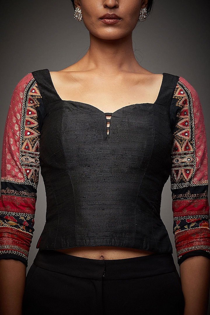 Black & Fuchsia Embroidered Blouse by Ri Ritu Kumar