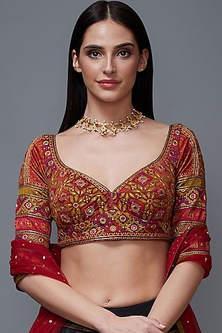 Burnt Red Embroidered Blouse by Ri Ritu Kumar