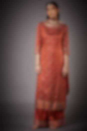 Rust Red & Orange Printed & Embroidered Kurta Set by Ri Ritu Kumar at Pernia's Pop Up Shop