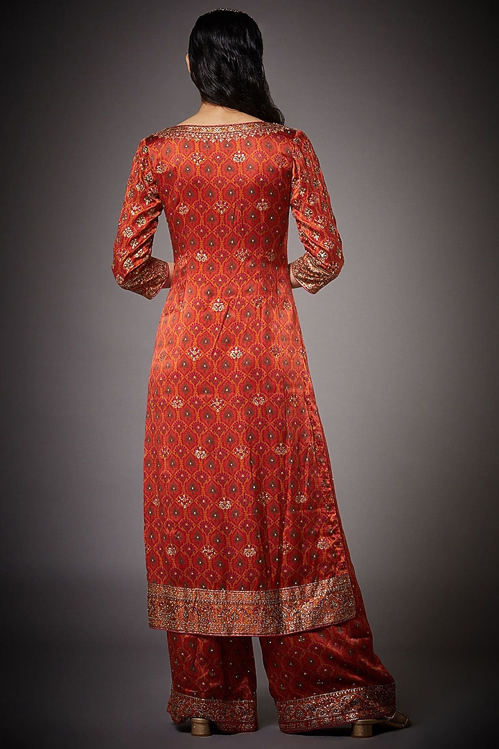 Rust Red & Orange Printed & Embroidered Kurta Set by Ri Ritu Kumar at Pernia's Pop Up Shop