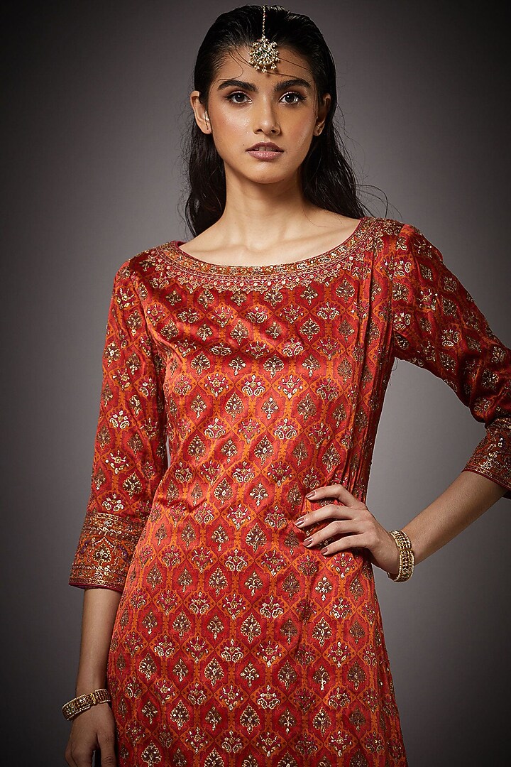 Rust Red & Orange Printed & Embroidered Kurta Set by Ri Ritu Kumar at Pernia's Pop Up Shop