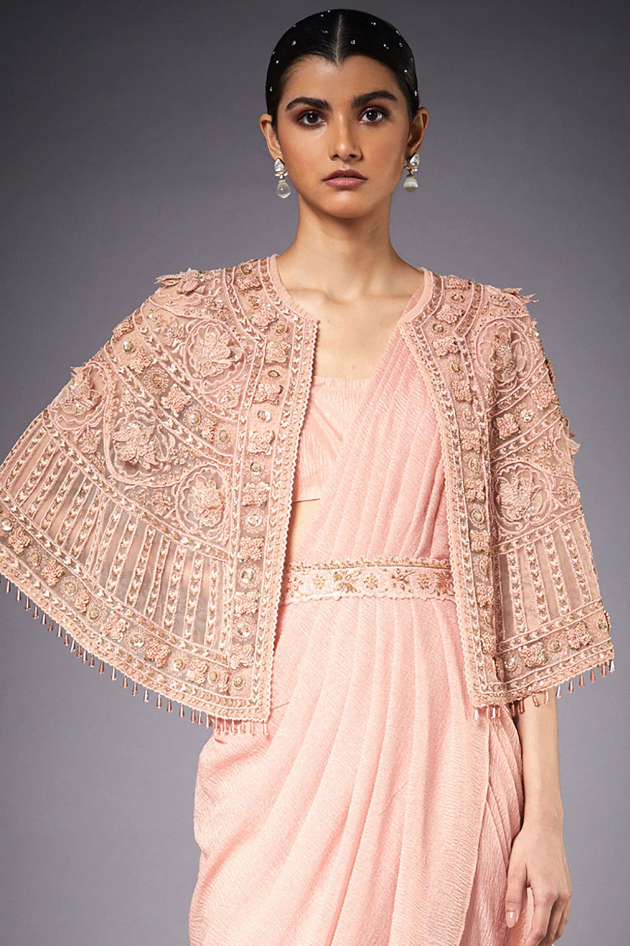 Peach Hand Embroidered Cape by Ri Ritu Kumar at Pernia's Pop Up Shop