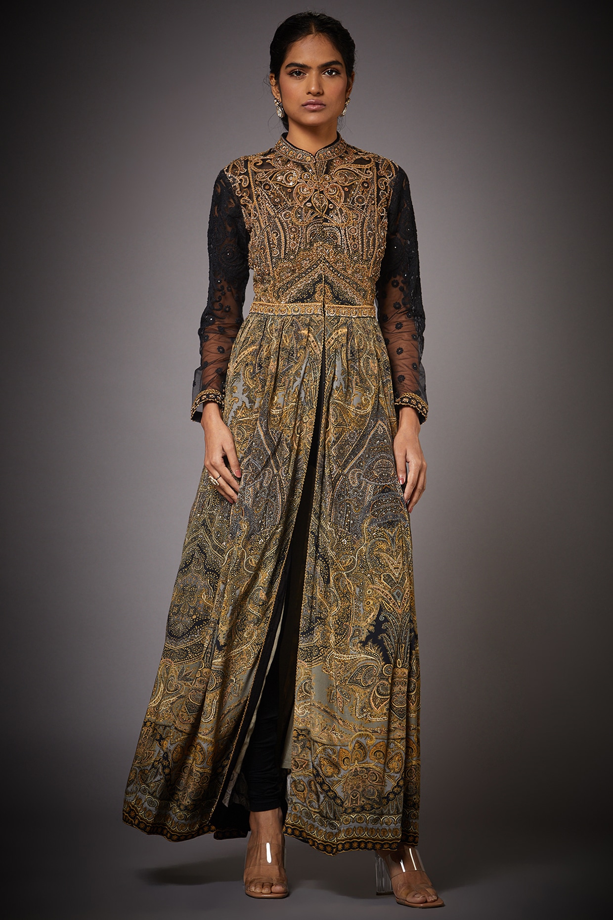 Black Jamawar Printed Dress Design by Ri Ritu Kumar at Pernia s