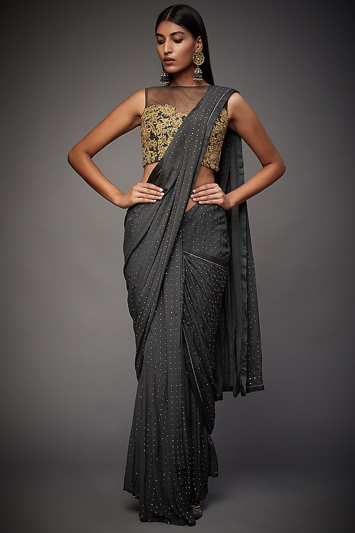Charcoal Grey Draped Saree Set by Ri Ritu Kumar