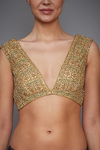 Gold Zardosi Embroidered Blouse by Ri Ritu Kumar