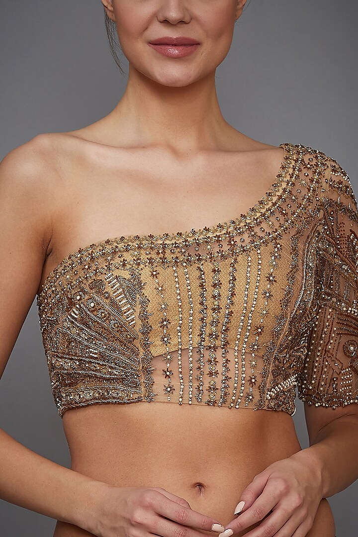 Gold Embroidered One-Shoulder Blouse by Ri Ritu Kumar