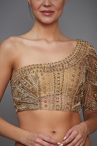 Gold Embroidered One-Shoulder Blouse by Ri Ritu Kumar