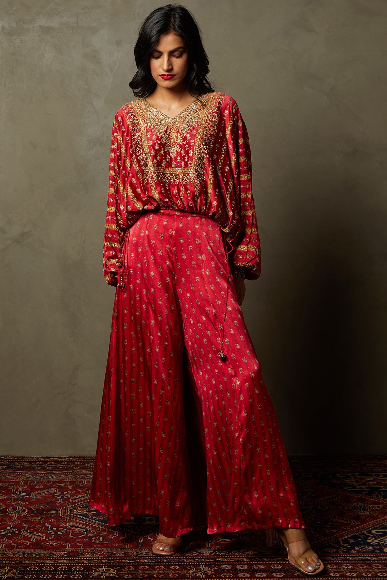 Red Silk Palazzo Pant Set by Ri Ritu Kumar at Pernia s Pop Up Shop 2024