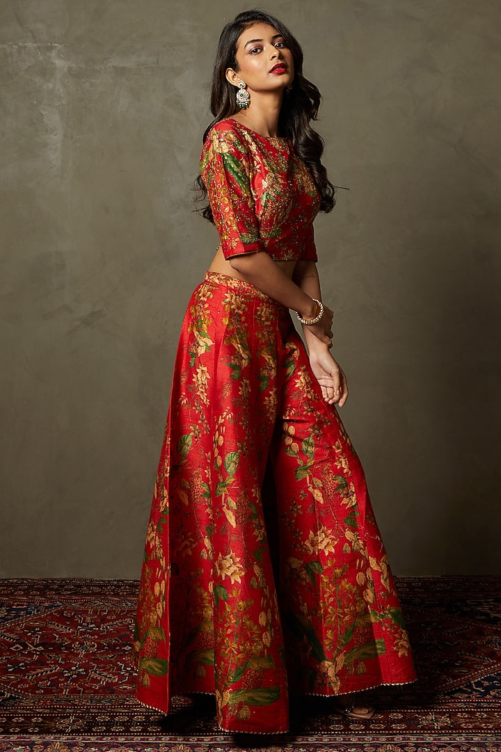 Red & Beige Dupion Palazzo Pant Set by Ri Ritu Kumar at Pernia's Pop Up Shop