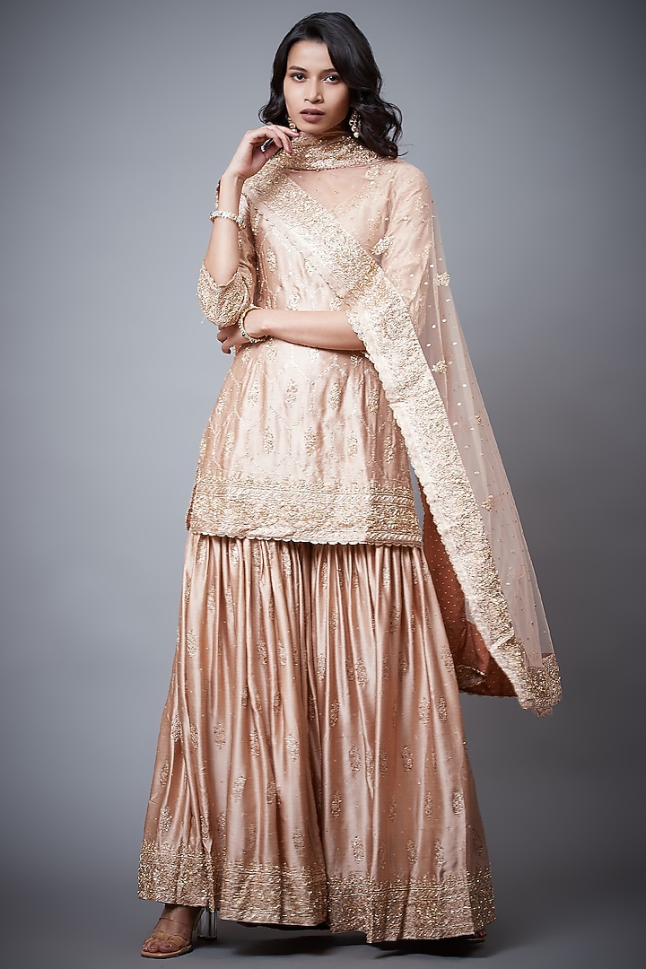 Beige Silk Satin Gharara Set by Ri Ritu Kumar at Pernia's Pop Up Shop