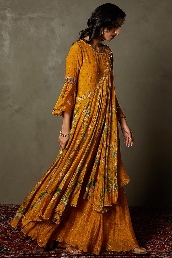 Mustard Embroidered Jacket Party Wear Dress by Ri Ritu Kumar at Pernia's Pop Up Shop